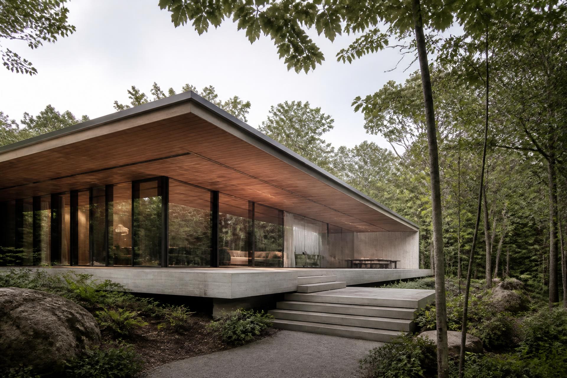 Contemporary concrete and timber pavilion set among mature trees